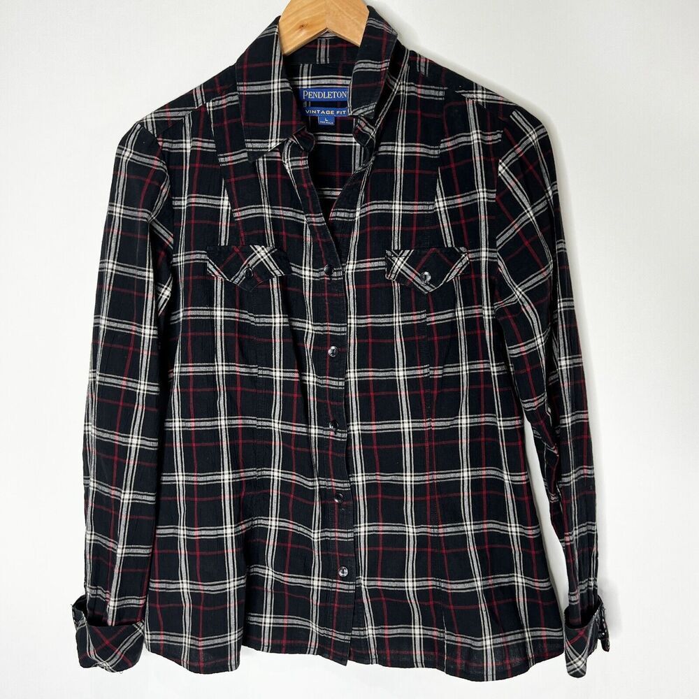 Pendleton Vintage Fit Long Sleeve Button Up Plaid Black Red Women Size Large